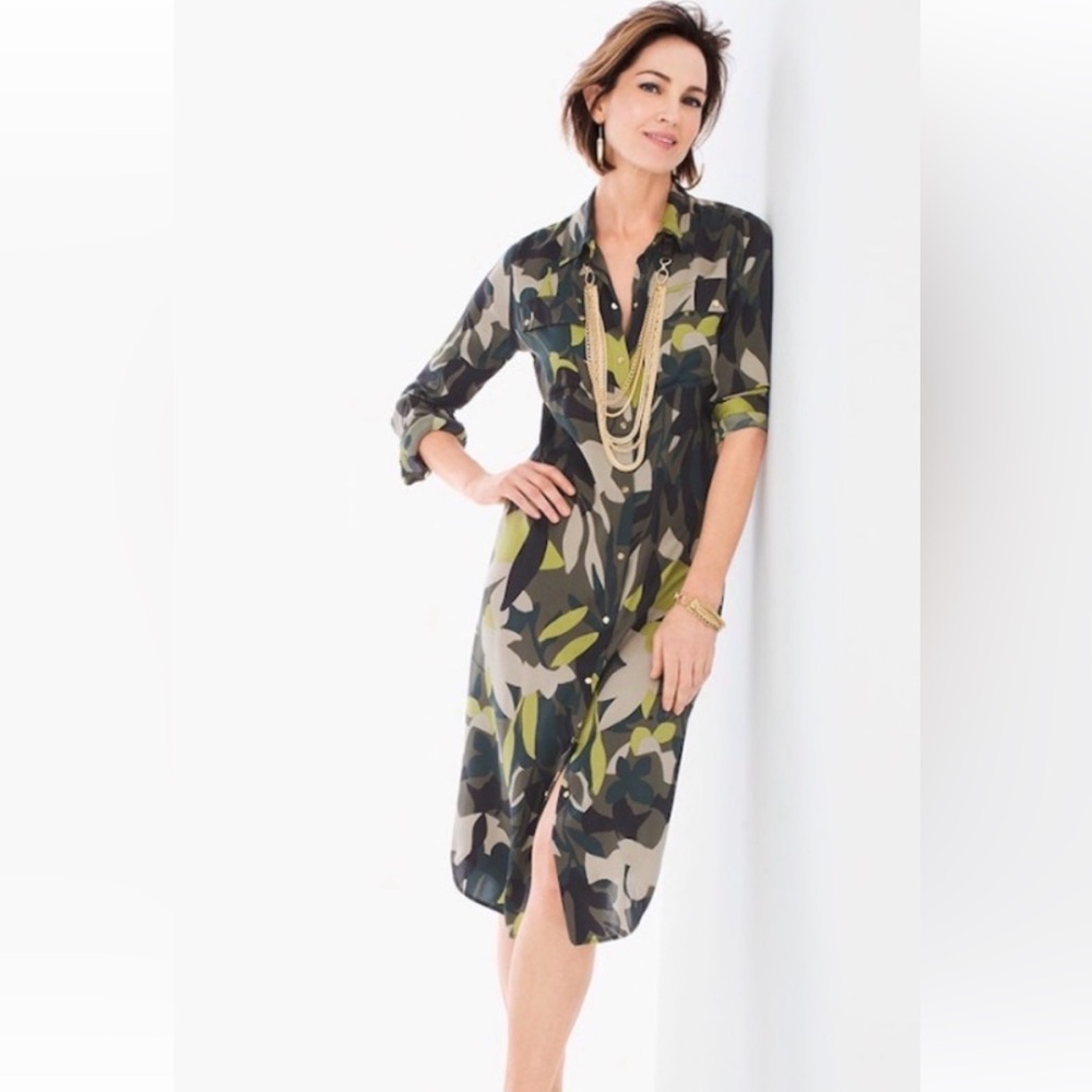 Chicos Black Label 100% Silk Camo Midi Shirt Dress Y2K Streetwear Sz 1 (medium)